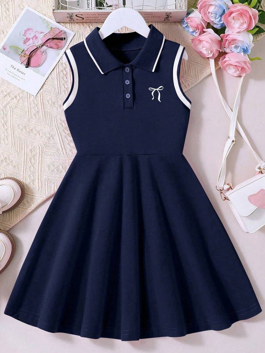 Đầm casual không tay cổ polo, khóa kéo nửa thân, nơ, dành cho bé gái tuổi teen - Xanh đậm - Xem 1