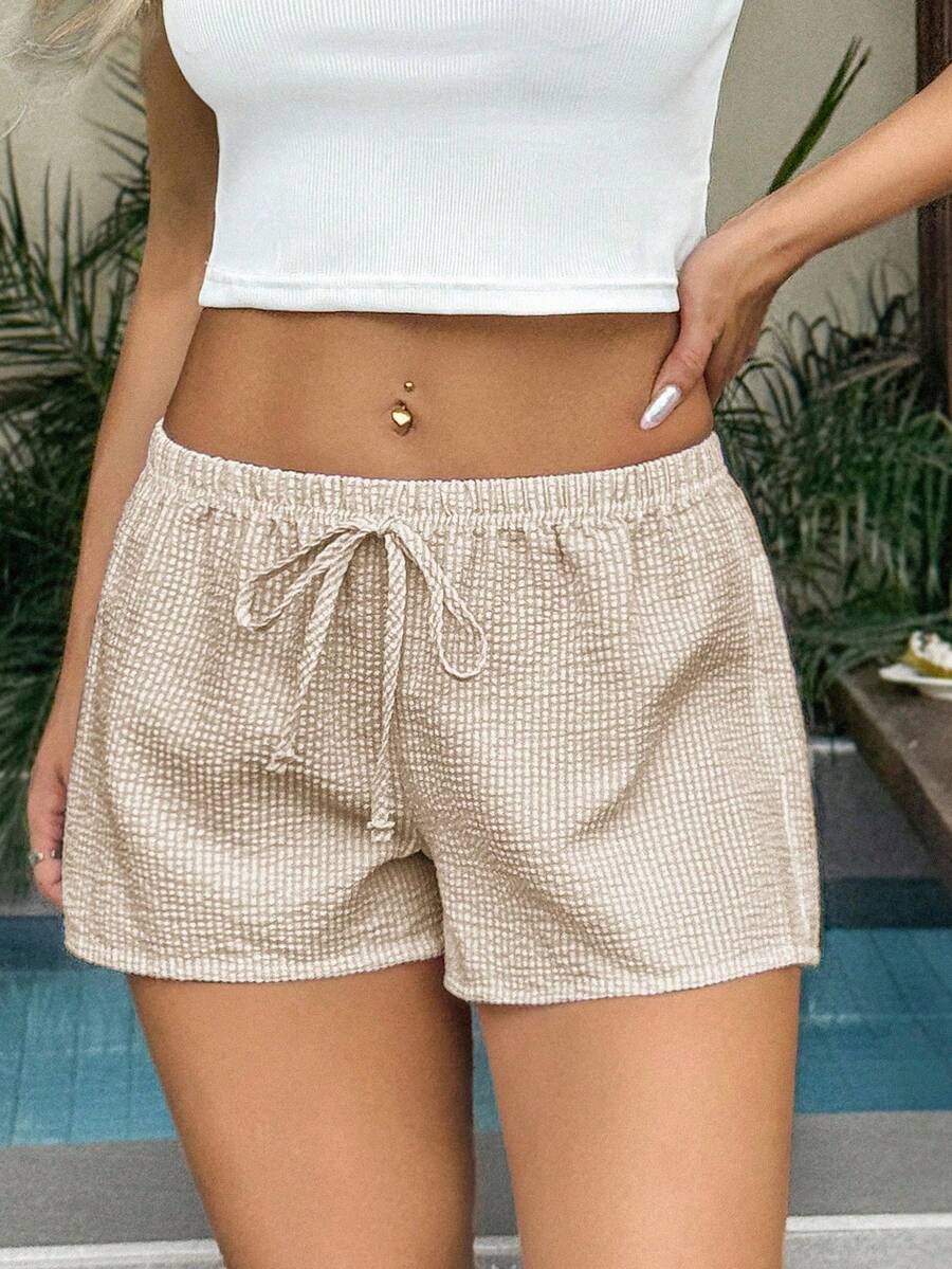 Y2K阳光女孩风格夏季女士条纹印花系带极简日常短裤 - 卡其色 - 查看 1