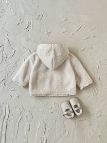 Baby Girl Plush Fleece Hooded Jacket With Ditsy Floral, Warm Winter Casual Outerwear - Apricot - View 8