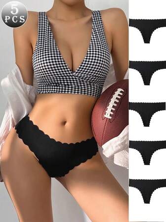 5pcs/Pack Women's Seamless Thong Panties, Sexy Invisible Underwear, Stretchy Breathable, Comfortable Seamless, Black, Low Waist