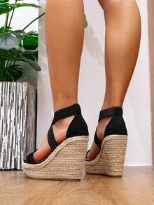 Women's Wedge & Platform Sandals, 2026 New Black Rhinestone Crossed Straps Woven Wedge Thick Bottom Vacation Fashion Sandals - Black - View 4