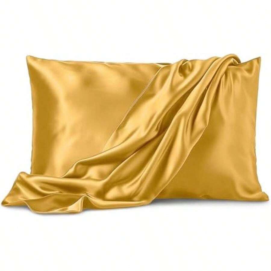 Juego de 2 fundas de almohada de satén, tamaño Queen (20 x 30 pulgadas, azul marino), fundas de almohada sedosas para cabello y piel, fundas de almohada de satén con cierre de sobre, microfibra extra(Queen (20x30 Inch) Dorado) - Multicolor - Ver 1