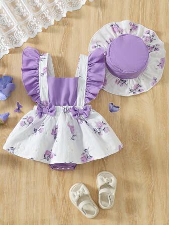 2pcs Baby Girl Sweet Cute Purple & White Patchwork Off-Shoulder Ruffle Sleeve Jacquard Rose Print Bodysuit & Matching Hat Set, Spring/Summer Daily Wear