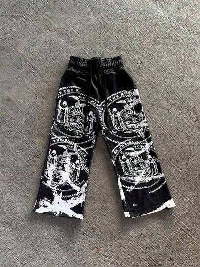 Men's Sweatpants, Loose Elastic-Wrapped Stretch Waist Pants With Printed Patterns, Dark Anime High Street Style Pants