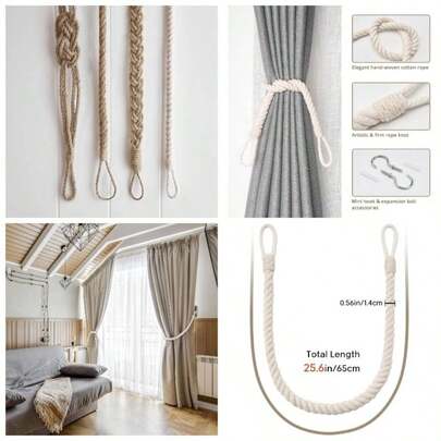 - Paquete de 2 alzapaos de cuerda de algodn natural, estilo rstico, estilo bohemio, decorativo, con alzapaos para cortinas de cuerda tejidas a mano con gancho de metal para cortinas de