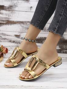 2026 Fashion Thickened Comfortable Gold And Black Crocodile Pattern Artificial Leather Ankle Metal Buckle With Toe Black Bright Diamond Decorative Heel Inlaid Women's High Heel Sandals - Gold - View 4