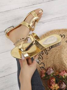 2026 Fashion Thickened Comfortable Gold And Black Crocodile Pattern Artificial Leather Ankle Metal Buckle With Toe Black Bright Diamond Decorative Heel Inlaid Women's High Heel Sandals - Gold - View 7