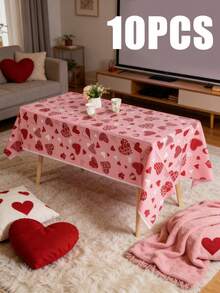 3pcs 137*274CM/53.94*107.87IN Disposable Tablecloth, Romantic Heart Design, Pink Background With Various Red Heart Patterns, Suitable For Valentine's Day Party, Girly Birthday, Spring Afternoon Tea Decor, And Daily Use - Multicolor - View 9