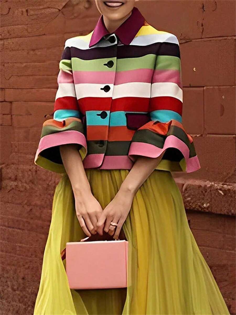 Magic Mia Striped Winter Jacket For Women, Colorful, Ruffled Cropped Sleeves And Lapel Collar, Urban And Chic, Perfect For Work And Weekend Casual - Nhiều màu - Xem 1