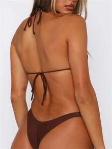 Women's Cheeky Bikini Set Halter Triangle  High Cut Triangle String Swimsuit 2 Piece Bathing Suit - Marrón - Ver 7