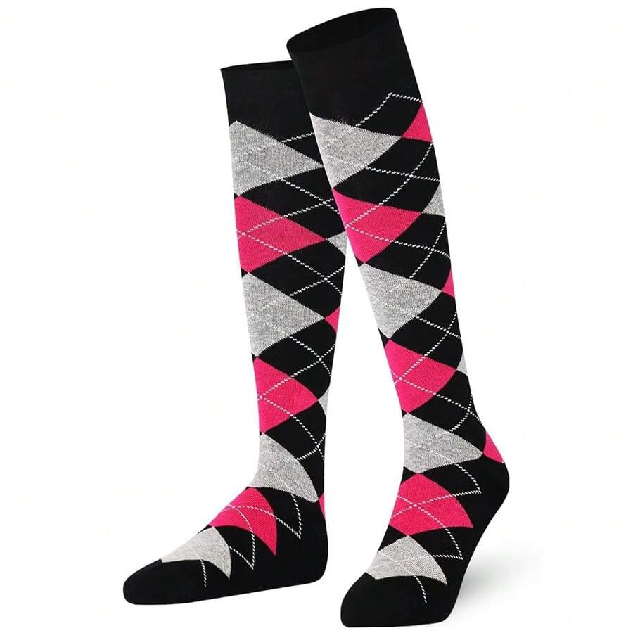 Mysocks Unisex Knee High Long Socks Argyle,4-7,BlackAshFuchsia - 黑灰紫紅色 - 查看 1