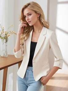 女士米色西装外套，七分袖，修身剪裁，休闲轻薄西装外套，2025春夏款 - 米色 - 查看 3