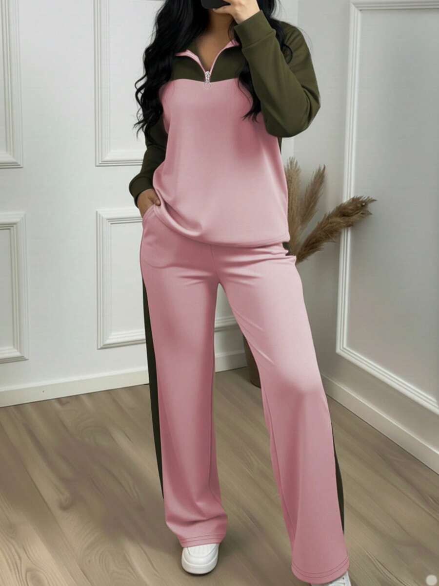 Women's Casual Set, Elegant Sports Suit With Polo Collar Loose Top And Wide Leg Pants, 2 Pieces Set, Suitable For Spring, Autumn And Winter - Pink 2 + Army Green 40 - View 1