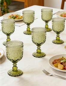 Sunflower Embossed Wine Glasses Set Of 6 – 10oz Green Vintage Goblets, Dishwasher Friendly Stemmed Drinking Cups For Wedding Toast, Cocktail, Juice & Home Entertaining - 綠色 - 查看 11