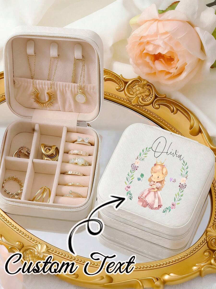 1pc Personalized Jewelry Box (Optional Unicorn, Mermaid Or Floral Pattern), Customized Name Women's Jewelry Box, Bridesmaid Jewelry Box, Girls Jewelry Storage Box, Ring Box, Travel Jewelry Box With Name Customization; Beige Customized Style, With Zipper Closure And Fabric Lining; Perfect Bridesmaid Proposal Gift Or Couple Keepsake. - Multicolor - View 1