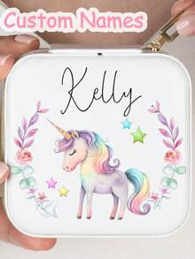 1pc Personalized Jewelry Box (Optional Unicorn, Mermaid Or Floral Pattern), Customized Name Women's Jewelry Box, Bridesmaid Jewelry Box, Girls Jewelry Storage Box, Ring Box, Travel Jewelry Box With Name Customization; Beige Customized Style, With Zipper Closure And Fabric Lining; Perfect Bridesmaid Proposal Gift Or Couple Keepsake. - Multicolor - View 3
