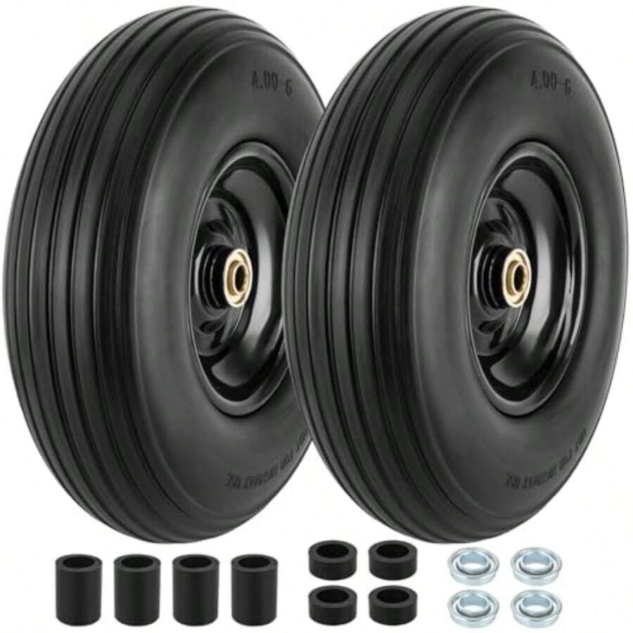 4.00-6 Flat-Free Tire And Wheel 13" Wheelbarrow Wheels And Tires With 5/8" Or 3/4" Bearings 4.00-6 Solid Tires Replacement For Wheelbarrow Gorilla Cart Hand Trucks Garden Carts 2 PCS - 黑色 - 查看 1