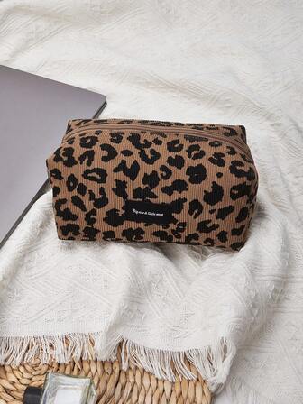 Bolsa de maquillaje de pana con estampado de leopardo - Durable poliéster, bolsa de maquillaje con cierre de cremallera, adecuada para viajes y uso diario, neceser de viaje para cosméticos, bolsa de almacenamiento de moda