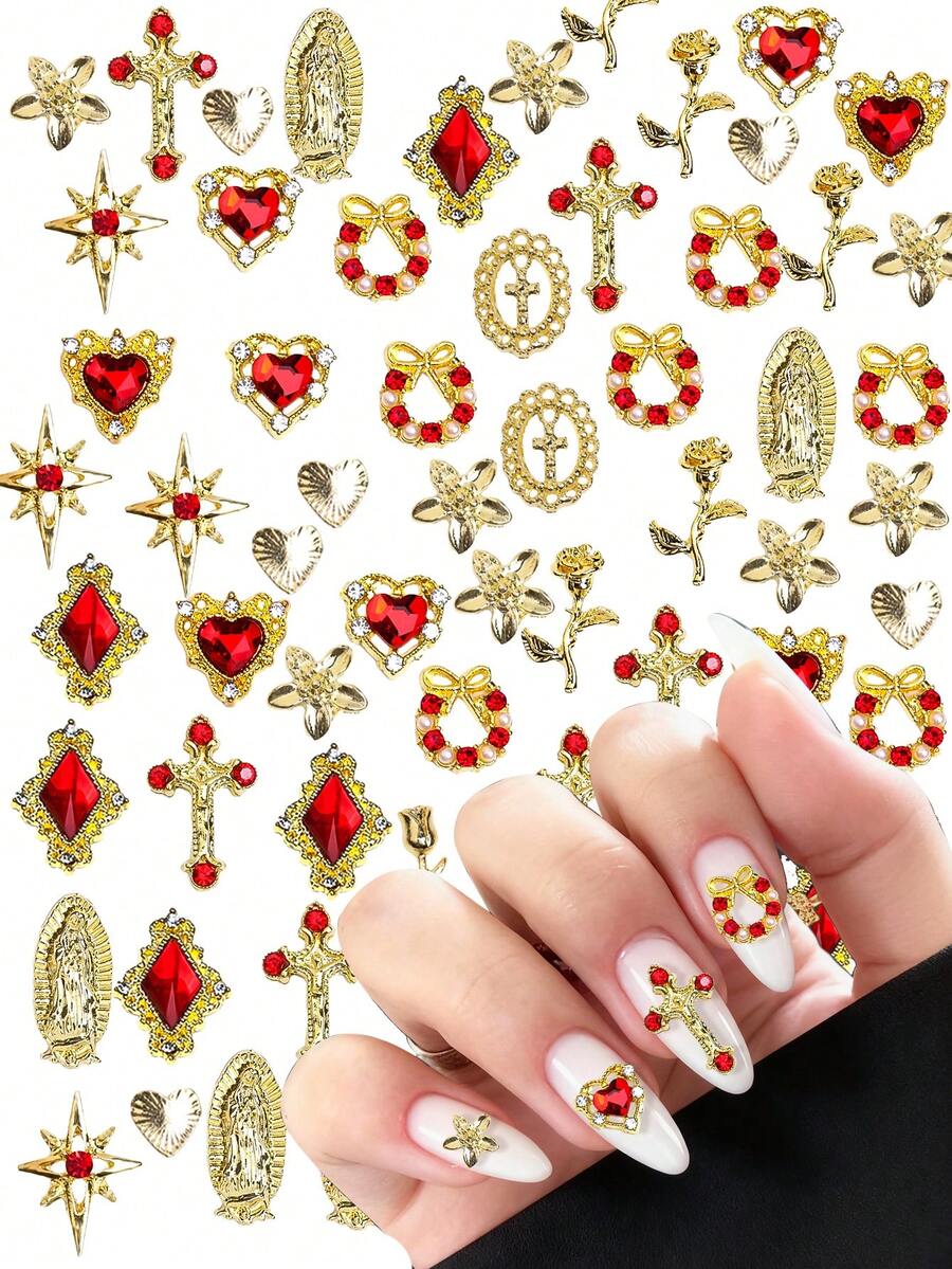 48Pcs Gold Nail Charms And Gems Kit, Nail Gems Silver Rhinestones For Nails, 3D Y2K Accessories Nail Decor, Cross Garland Mary Starburst Butterfly Rose Flower Heart Charms For Nails Design For Nails Art - Vàng - Xem 1