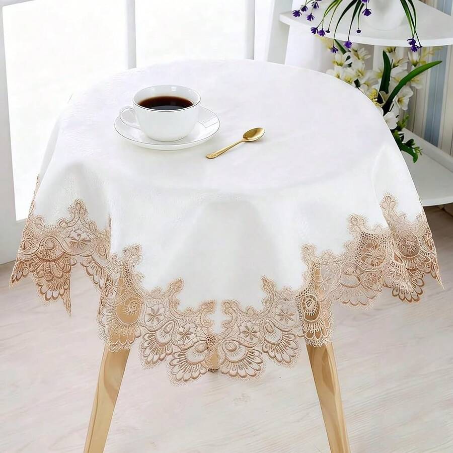Vintage Round Flower Tablecloth 22 Inch Embroidered Table Cover Decorative Dining Doily For Wedding & Cafe, White With Beige Lace,WhiteWithBeigeLace(22Inch) - 白色帶米色蕾絲(22吋) - 查看 1