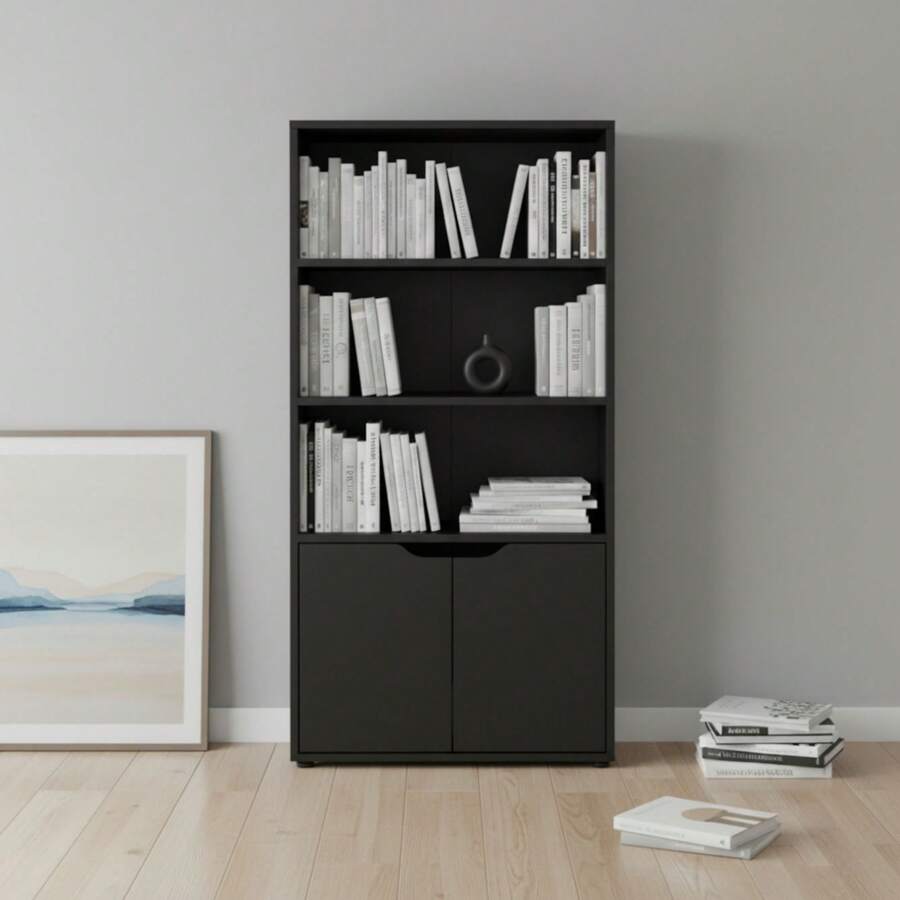 Ecommerc3 MOBLEKIT | Modular Wooden Shelves With Different Compartments And Door Options, Bookcases And Storage Furniture For Bedroom, Kitchen Or Entryway - Black - 4 Levels + Doors | 59*29*120cm - View 1
