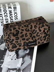 Cord-Leopard Muster Make-up Tasche - Strapazierfähiger Polyester, Make-up Tasche mit Reißverschluss, geeignet für Reisen und täglichen Gebrauch, Kosmetik Reise Etui, modische Aufbewahrungstasche - Braun - Übersicht 1