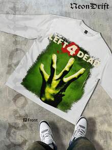 NeonDrift Halloween, Christmas, Thanksgiving Gifts-Glowing Handprint Graphic T-Shirt - Vibrant Neon Design For Gaming Enthusiasts, Perfect For Festivals And Night Outfits,  Streetwear Style - 白色 - 查看 1