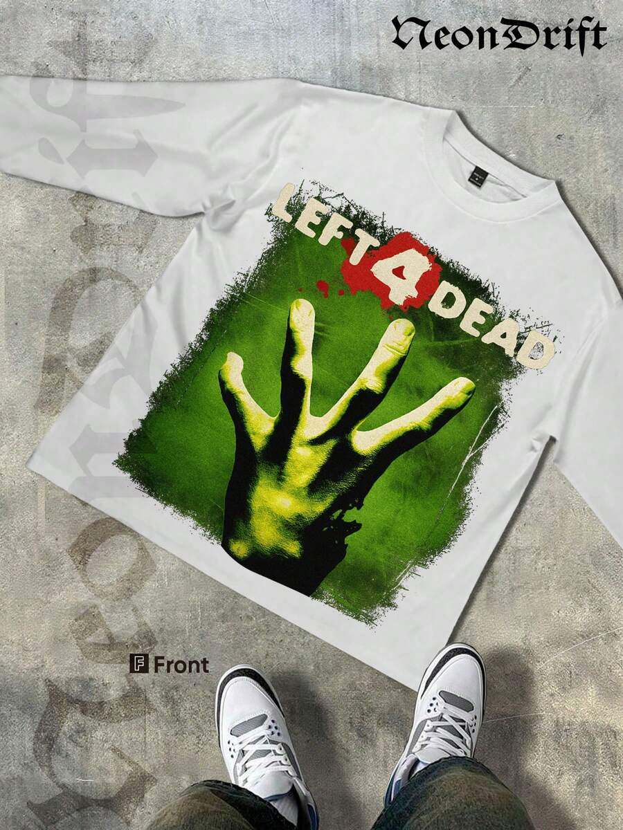 NeonDrift Halloween, Christmas, Thanksgiving Gifts-Glowing Handprint Graphic T-Shirt - Vibrant Neon Design For Gaming Enthusiasts, Perfect For Festivals And Night Outfits,  Streetwear Style - 白色 - 查看 1