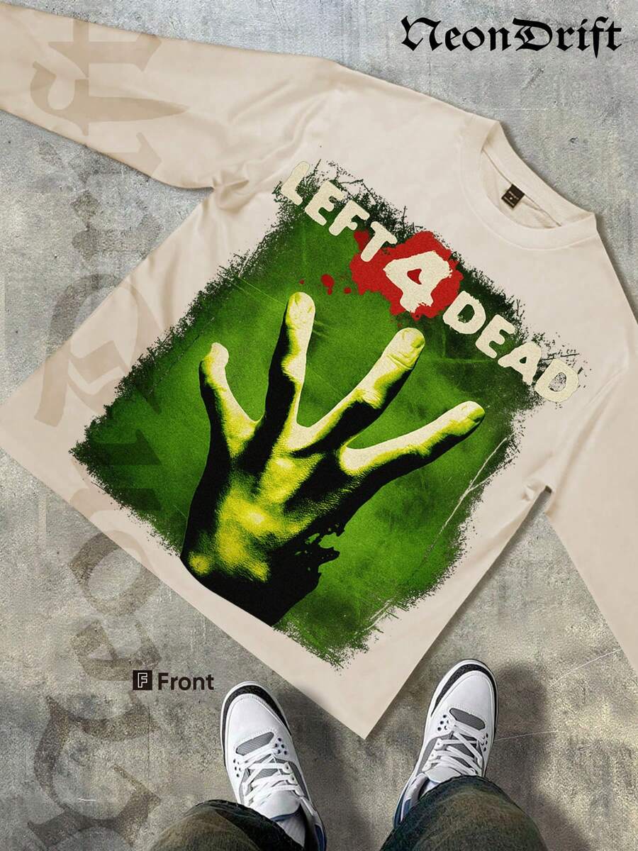 NeonDrift Halloween, Christmas, Thanksgiving Gifts-Glowing Handprint Graphic T-Shirt - Vibrant Neon Design For Gaming Enthusiasts, Perfect For Festivals And Night Outfits, Streetwear Style - 杏色 - 查看 1