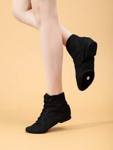 1.5厘米系带高帮女士舞蹈鞋，爵士/芭蕾舞鞋，软底室内运动鞋，拉丁/爵士舞鞋，黑色帆布鞋，舞蹈练习/表演/交谊舞鞋，防滑耐穿，舒适轻便 - 黑色 - 查看 5