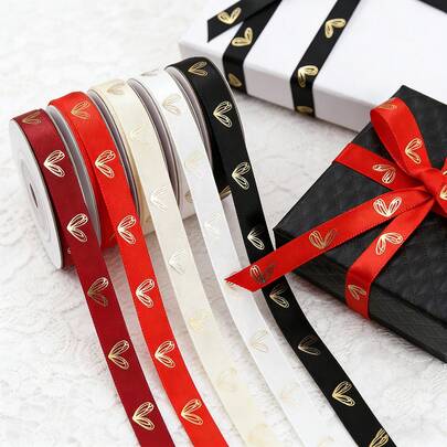 1 rulle 5 meter hjärtformat satinband, 5 färger hjärtformat guldfolietryckt band, för presentinslagning, pyssel, mors dag, alla hjärtans dag, blombukett - 3/8 tum brett (exklusive pappersrörskärna)