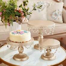 3Pcs Antique Cake Stand Set - Round Metal Cupcake Stands With Pendants And Beads - Elegant Dessert Display, For For Wedding, Birthday Party Decor - Rượu sâm banh - Xem 9