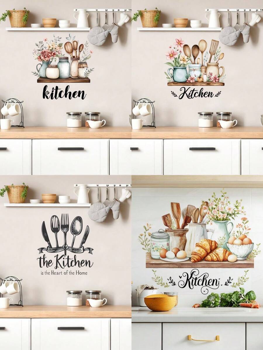 Creative English Slogan Kitchen Utensil Pattern Self-Adhesive Wall Sticker, 3D Utensils Kitchen Wall Decals Peel And Stick PVC Waterproof Cooking Theme, Used For Kitchen And Restaurant Home Decoration, Wall Art Sticker Kitchen Decor - Multicolor - View 1