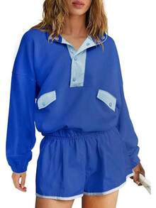 Womens Color Block Two Piece Sets Long Sleeve Oversized Sweatshirts Pullover And Shorts Set Matching Sets With Pockets, 2025 JJYR - 藍色 - 查看 1