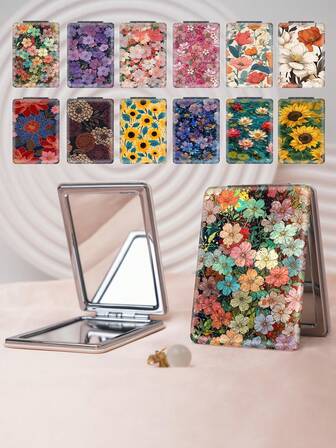 1 st. hopfällbar kompakt sminkspegel i blommig oljemålningsstil, lätt, ultratunn, bärbar, hållbart PU-läder, vakuumplätering i metall, lämplig för alla tillfällen och människor, hopfällbar fyrkantig fickspegel