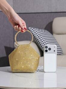 Sac à main décoré de strass, pochette de soirée de forme unique, sac à main élégant avec poignée ronde, sac pour femme de style européen et américain à la mode - Doré - Voir 7