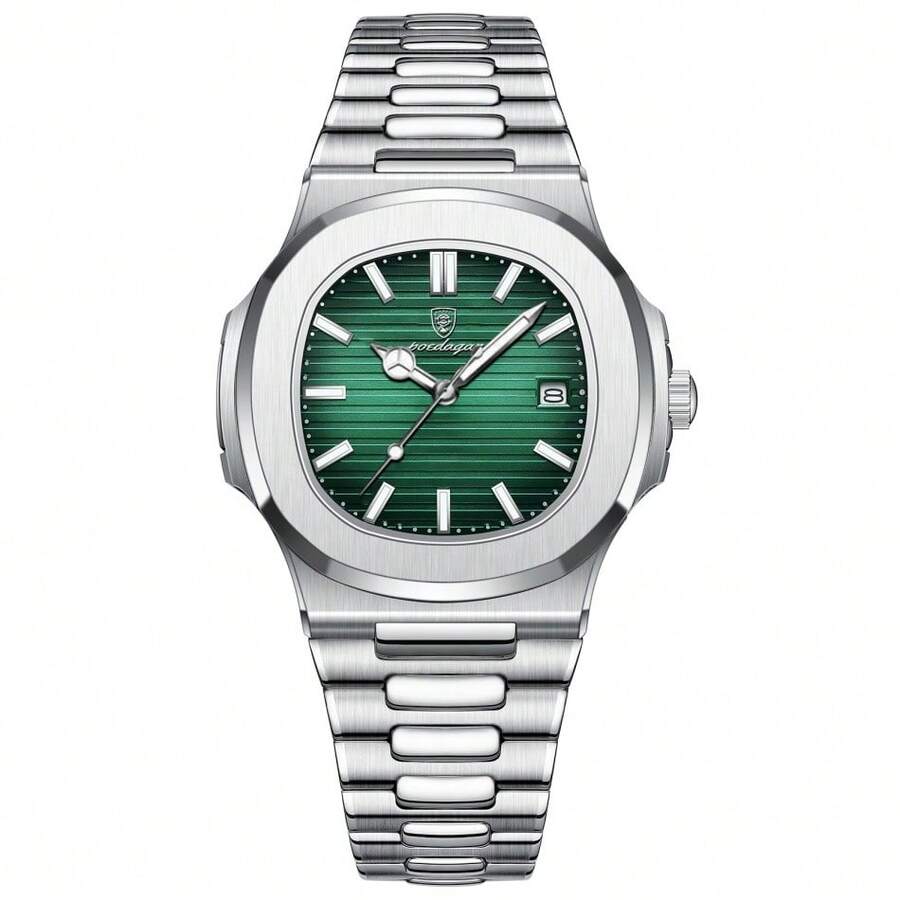 New Waterproof Ultra-Thin Men's Watch With Calendar - Quartz, Business & Fashion Style - 銀殼綠面鋼帶 - 查看 1