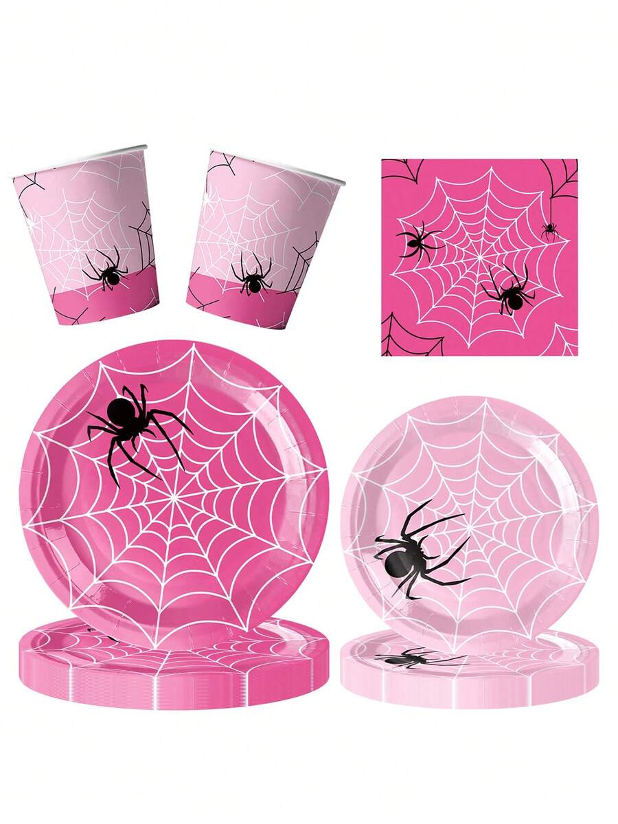 10 piezas Vajilla desechable con diseño de araña rosa de 7/9 pulgadas, bandeja redonda desechable para postres, vasos de papel, servilletas, adecuado para fiestas con temática de araña, fiestas de cumpleaños, fiestas familiares, fiestas con amigos, suministros para cenas - Multicolor - Ver 1