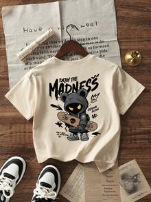 Boys & Teens Casual Printed Crew Neck Short Sleeve T-Shirt, Summer Top - Apricot - View 3