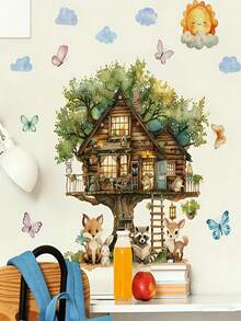 1pc Whimsical Treehouse Wall Decal, Charming Animal Scene, Cartoon Cute Treehouse, Little Animals, Suitable For Nursery, Kids Room, Bedroom, Living Room, Study, Toy Room, Jungle Theme Decor, No Battery Required, Room Decoration Sticker | Fairy Tale Theme | Easy To Install Sticker, Jungle Theme Decor, - Self-Adhesive Vinyl Art Sticker, Matte Finish, Easy To Peel And Stick - Multicolor - View 7