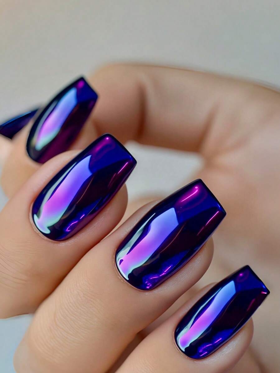 24 piezas de calcomanías de uñas de color púrpura sólido con estilo gótico metálico brillante, adecuadas para uñas de otoño - Morado - View 1