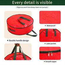 Round Christmas Wreath Storage Bag With Portable Handle, Dust-Proof Storage Box, Suitable For Christmas Wreaths And Decorative Ribbons, Can Be Placed In Closet, Garage, Basement, Ideal Storage Solution For Christmas, Wedding, Birthday, Camping Party Decorations And Gift Wrapping Paper - Red - View 4