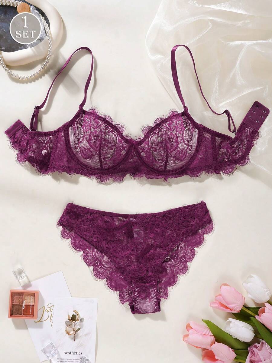 1 Set Women Lace Embroidery Wireless Bra And Panty Set - Purple - View 1