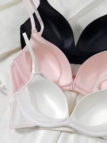 3pcs/Set Girls' Solid Color Button Decorated Triangle Cup Bras, Comfortable Wireless Push-Up Bras, Suitable For Young Ladies - Multicolor - View 5