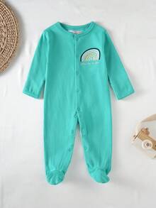 Neugeborenen Baby Innen- & Außenanzug, Baby Langarm-Jumpsuit, Baby Jungen Fußsack-Schlafanzug, Regenbogen & Cartoon Muster, bequemer lässiger Rundhals-Knopfverschluss-Jumpsuit, 1-12 Monate, Frühling/Sommer/Herbst/Winter - Kadettenblau - Übersicht 3