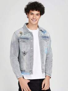 Logeqi® Hombres Graffiti creativo combinado con chaqueta vaquera bordada. - Azul - Ver 10