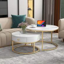 (WF303615AAW Instructions Changed) Modern Nesting Coffee Table High Gloss Marble Pattern Set Of 2 Round Coffee Tables Round Nested Side Table - Gloss White - View 5