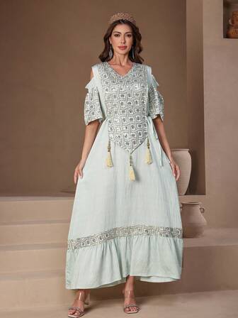 2026 Ny Ramadan Traditionell Elegant Klänning, Guldpärlbroderad Arabisk Dam V-ringad Kortärmad Tofs Knytklädsel, Mjuk Och Graciös Atmosfär