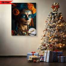 Con marco [2D plano] 1 pieza Impresión 2D plano| Una mujer con pintura del Día de los Muertos, vestida con flores de colores.| Arte de pared en lienzo, marco de madera,étodo de instalación con gancho, adecuado para decoración del hogar, habitación, sala de estar, dormitorio, baño, opción para regalos de Acción de Gracias y Halloween, se puede colgar directamente, no requiere instalación. - Multicolor - Ver 7