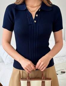 Women's Polo Shirt, Short Sleeve Knit, Casual Fashion, Knit T-Shirts - 藏蓝色 - 查看 1